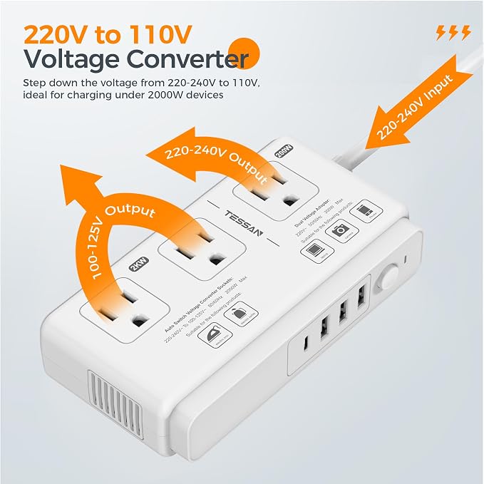 220V to 110V Voltage Converter, TESSAN Universal Travel Adapter with 4 USB Charger (1 USB C), 3 AC Sockets and EU/UK/AU/IT Plug Power Adaptor, Step Down Transformer Outlet-Not for Hair Dryers