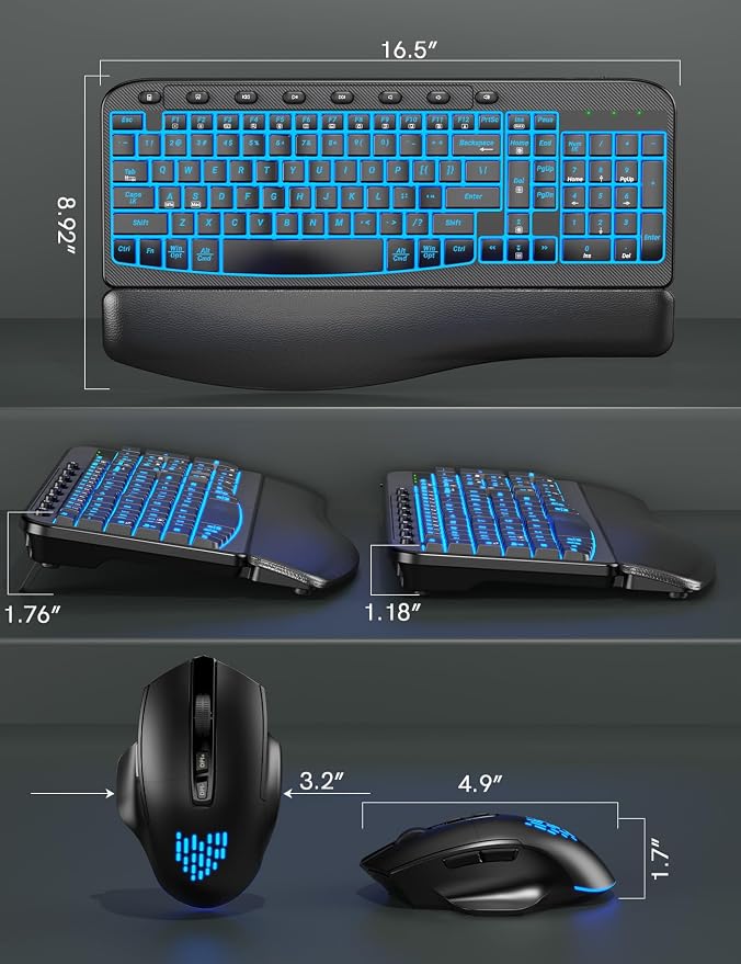 SABLUTE Wireless Keyboard and Mouse Combo Ergonomic - MA12Pro Wave Keyboard with Leather Wrist Rest for Comfortable Typing, RGB Backlit Rechargeable for Windows, Mac, PC, Laptop
