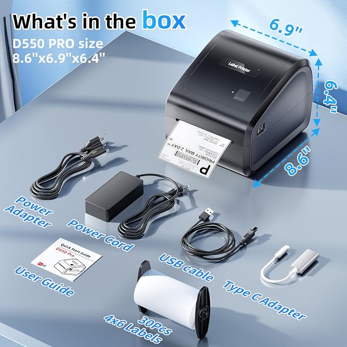 Bluetooth Thermal Label Printer 4x6, Ethernet Shipping Label Printer, D550 Pro Wireless Thermal Labels Printers for Small Business,Office, Home,Support Bluetooth/Ethernet/USB
