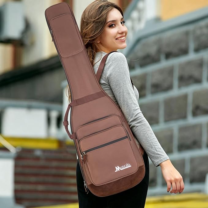 Bass Guitar Bag 0.5 Inch Padding Bass Guitar Case, Bass Electric Guitar Gig Bag Backpack with Neck Strap and 4 Pockets, Brown
