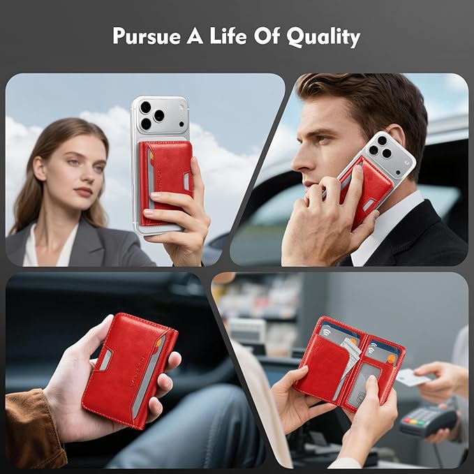 Antsturdy for Magsafe Wallet Stand with Holder,PU Leather RFID Blocking Card Holder,5 Card Slots,Strong Magnet Minimalist Flip Folio Kickstand for iPhone 17/16/15/14/13/12/Pro/Max/Plus/Air,Red
