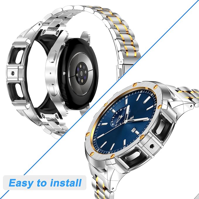 BAITEYOU Stainless Steel Band with Case Compatible with Samsung Galaxy Watch 5 pro 45mm Bands, Protective Metal Case Cover and Band for Galaxy Watch 5 pro 45mm for Men (Silver Gold)