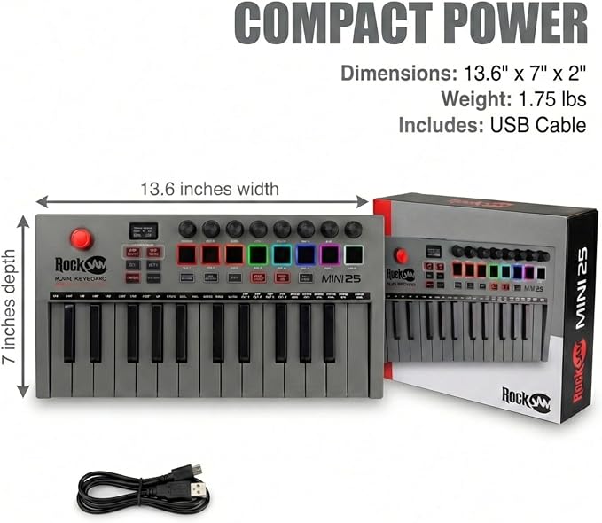 RockJam 25-Key Rechargeable USB MIDI Keyboard Controller – Mini Piano Keyboard with Velocity-Sensitive Pads, Synth Controller, Bluetooth/Wired MIDI, Arpeggiator, DAW Compatible