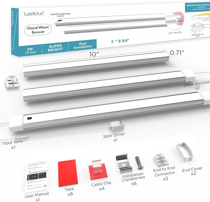 Leetdud Hand Wave Under Cabinet LED Lighting Plug in, 10 Inch 3 Pcs Dimmable Linkable Ultra Thin Aluminum Alloy Housing, 4000K Natural White Motion Sensor Counter Lights for Kitchen, Shelf, Cupboard
