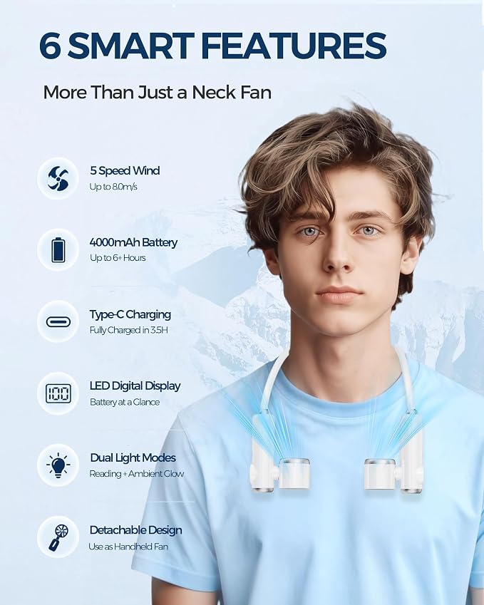 Portable Neck Fan, Hands-Free Personal Wearable Fan, 5 Speeds Strong Airflow, 4000mAh USB Rechargeable Bladeless Fan with LED Display, Detachable Handheld Fan for Outdoor Travel Office Home Gifts