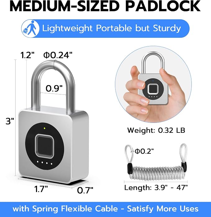 eLinkSmart Fingerprint Gym Locker Lock, Keyless Biometric Padlock, Weatherproof Electronic Digital Smart Combination Pad Lock for Outdoor Fence Gate Storage Helmet Ski Pool Shed (Silver, with Cable)
