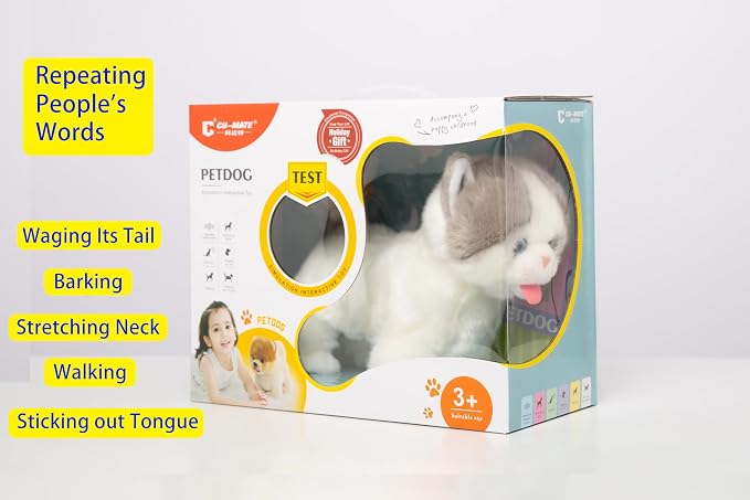 CU-MATE Electronic Stuffed Walking Cats, Realistic Interactive Pet Toy Cat, Walking, Barking, Wagging Tail & Talking, Present Gifts for 3+ Year (British Shorthair Blue and White Cat)