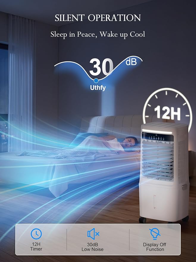 Uthfy 3000CFM Swamp Cooler, Evaporative Air Cooler with Dual Water Tanks for 30H Cooling, 120° Oscillating, Ambient Light, 7.0 GAL Detachable Water Tank, 12H Timer, 3 In 1 Indoor&Outdoor Cooling Fan