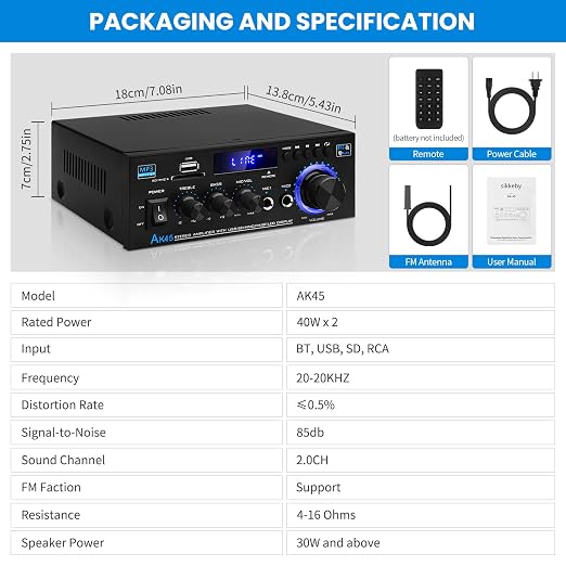 Bluetooth 5.0 Audio Amplifier Receivers-AK45 HiFi Stereo Mini Power Amplifier RMS 40W x 2 Max. 600W 2.0 Channel Home Theater Audio Components Speakers Amp W/MIC,USB, RCA,FM Radio