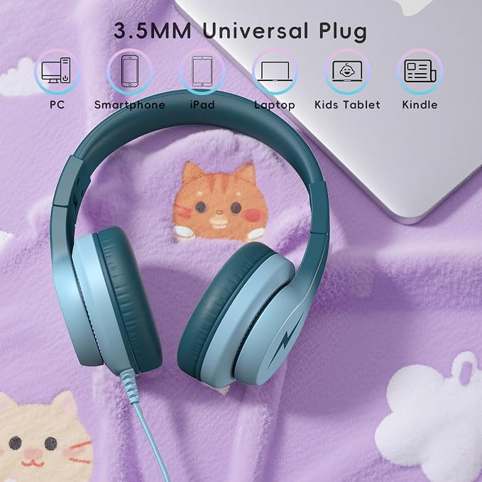 Candy Bila Kids Headphones, Wired Headphones for Kids Over Ear with Microphone, 85/94dB Volume Headphone for Girls Boys, Foldable Headphone for Learning & Entertainment, Gradient Green