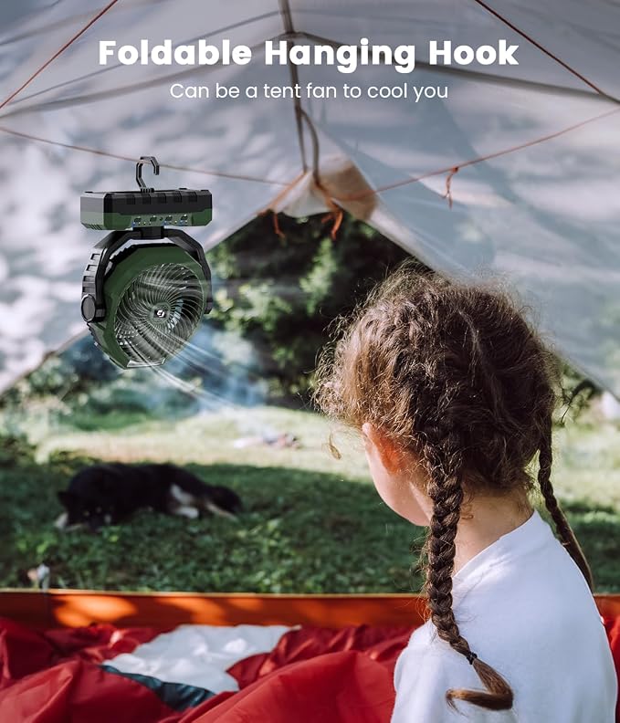 Rechargeable Fan with Detachable Battery - 48000mAh(127H Working) Camping Fan Portable, Battery Powered Fans with Hook, Timers, Ventilador Recargable for Tent, Travel, Gifts for Men Dad, Green