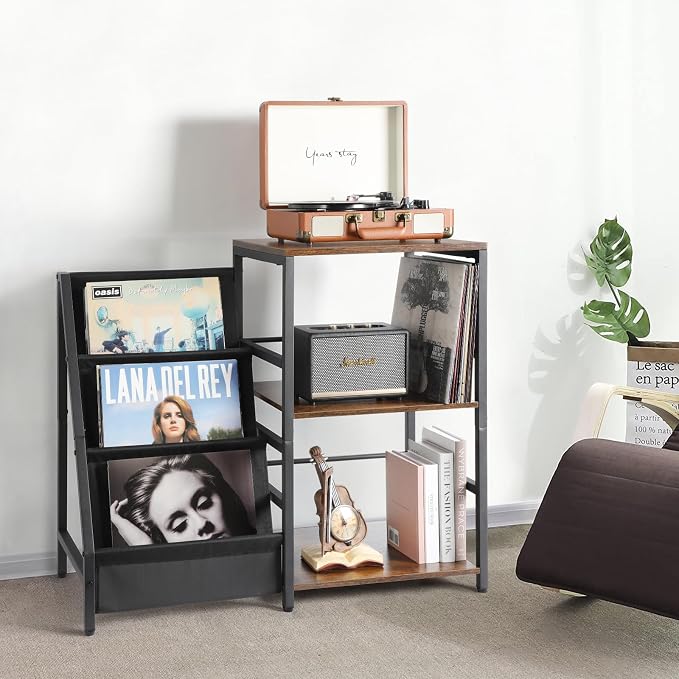 Bikoney Record Player Stand, Turntable Stand with 3-Tier Vinyl Record Storage, Record Player Table Holds Up to 200 Albums, End Table for Vinyl Records, Vinyl Record Holder Cabinet for Living Room