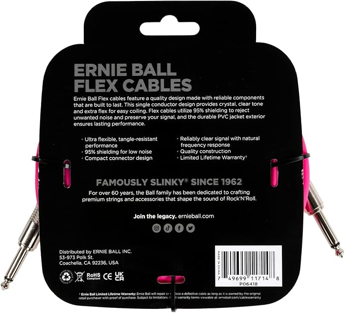 Ernie Ball Flex Instrument Cable Straight/Straight 20ft - Pink