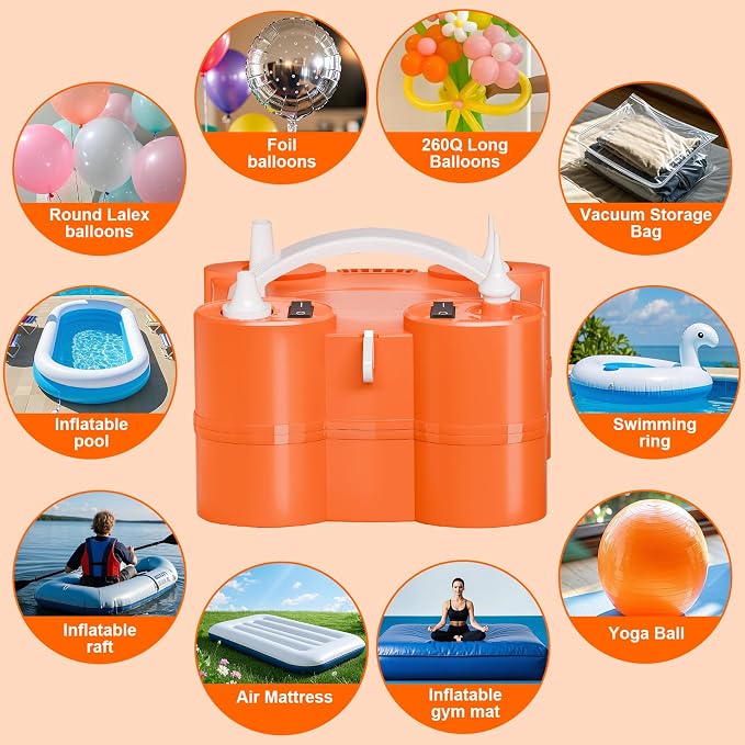FLSEPAMB Electric Balloon Pump, 3-in-1 Portable Electric Air Balloon Blower Machine Balloon Pump 2 Motor Dual Nozzle Balloon Inflator for Latex 260Q Long Foil Balloons Swimming Rings Air Beds