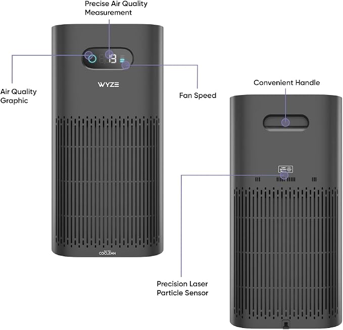 Wyze Air Purifier with Wildfire Filter (Special), for Living Room, Kitchen, HEPA 13, 21db Quiet, with Sleep Mode, Air Cleaner for Smoke, Pollen, Dander, Hair, 550 sq ft, Smart WiFi Alexa Google, Black