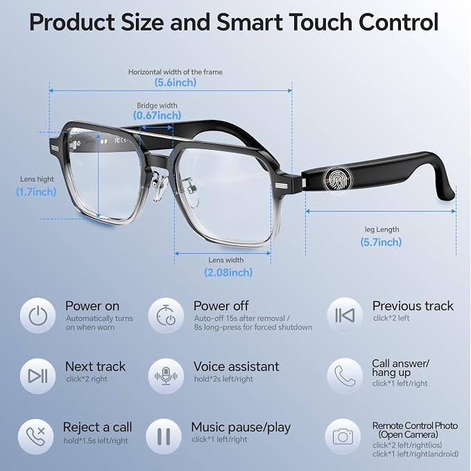 Aviator Smart Glasses for Men & Women, Audio Bluetooth Glasses, Wear Induction Power On/Off, Touch Control, Photochromic Lens, Smart Sunglasses, Music, Hands-Free Calls, UV/Blue Light Protection