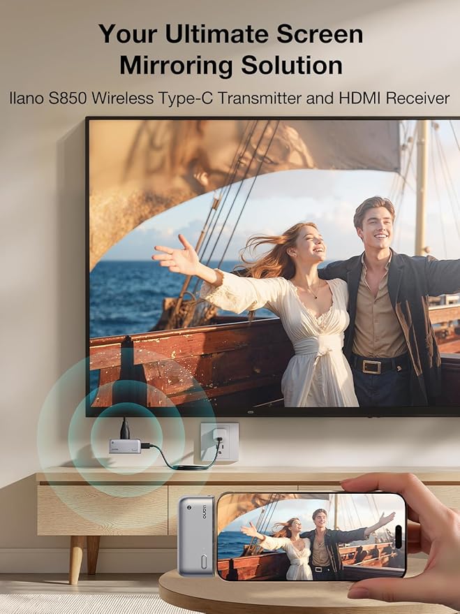 llano S850 Upgraded Type-C Wireless HDMI Transmitter and Receiver, 50M, Ultra 4K Decode Input 1080P@60Hz Output, Plug&Play 5G+2.4G and Audio for Phone/Tablet/Laptop/PC to Monitor/Projector/TV Box