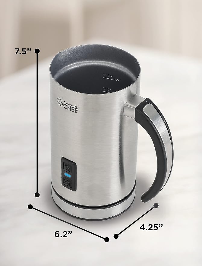 Commercial Chef Cordless Milk Frother for Hot and Cold Milk, 1-Cup/240ml Capacity, Handheld Frother for Kitchen Coffee Bar, Cappuccino and More, Non-Stick Exterior, CHMF08S, Stainless Steel