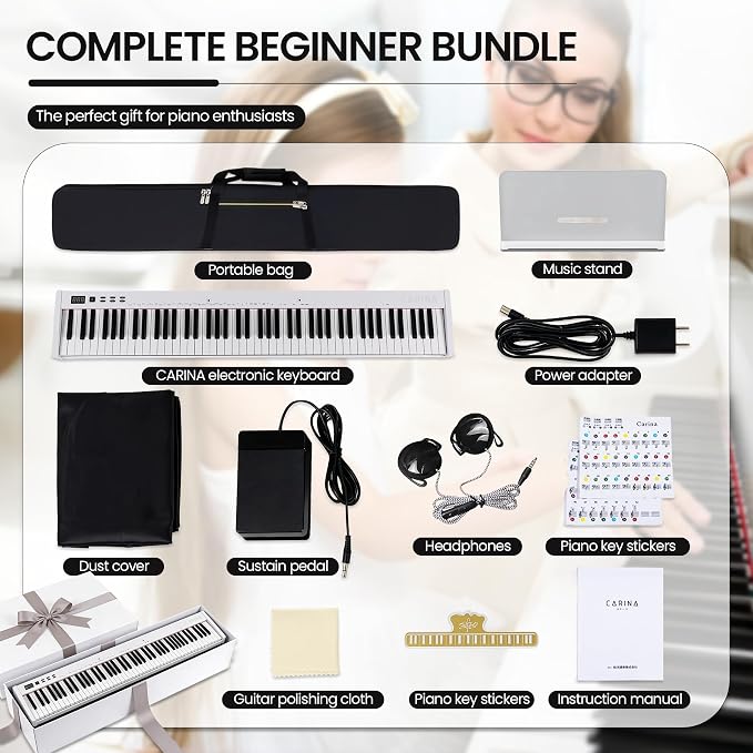 Carina 88 Key Piano Keyboard with Semi-Weighted Keys Portable Piano, 128 Tones, Speakers, USB-MIDI, Carry-Bag, Sustain Pedal, Electric Keyboard Piano for Beginners, (White)