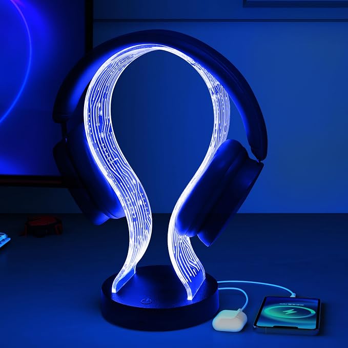 Ammonite Light Up Headphone Stand, 16 Color Lights Gaming Desk Accessory with 1 USB Charging Port and 1 Type-C Charging Ports, USB Power and PCB Pattern, Gifts for Gamers Boyfriend Boy Man