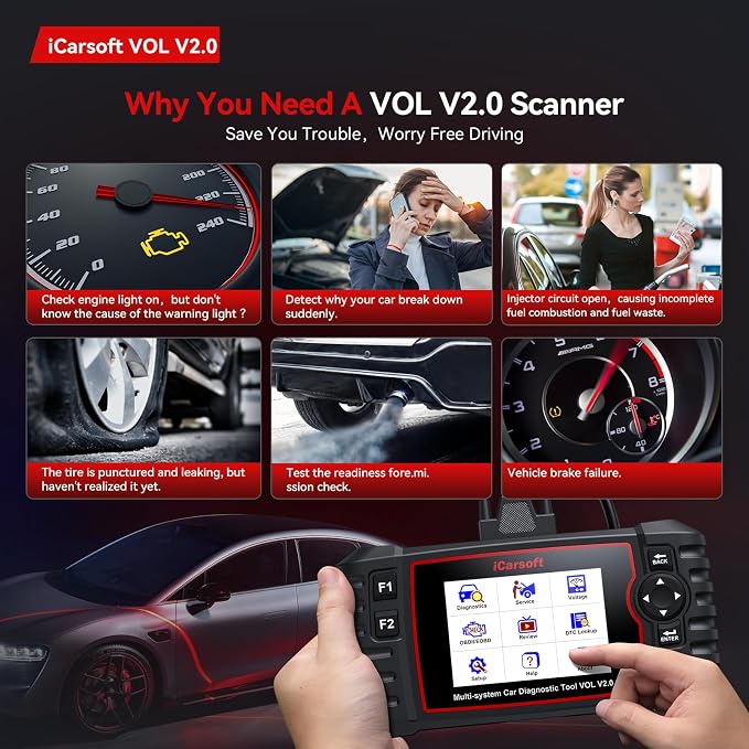 iCarsoft VOL V2.0 OBD2 Scanner for Volvo/SAAB, Auto in-Depth Full Systems Scan OBD2 Diagnostic Tool, 118 Graph Data/Battery Test/Reset, ABS SRS Engine Transmission Code Reader