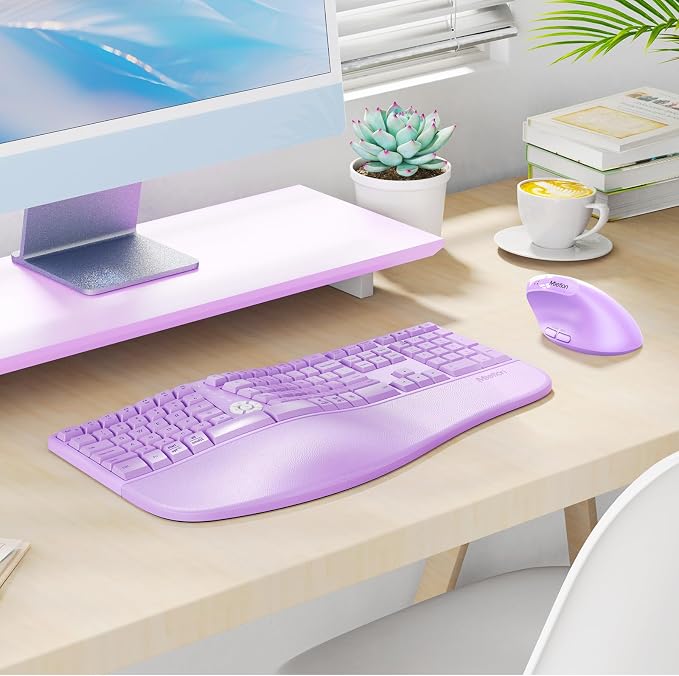 MEETION Ergonomic Wireless Keyboard and Mouse, Curved Keyboard with Vertical Mouse, Split Ergo Keyboard with Wrist Rest, Natural Typing Rechargeable Full Size, Windows/Mac/PC/Laptop, Purple