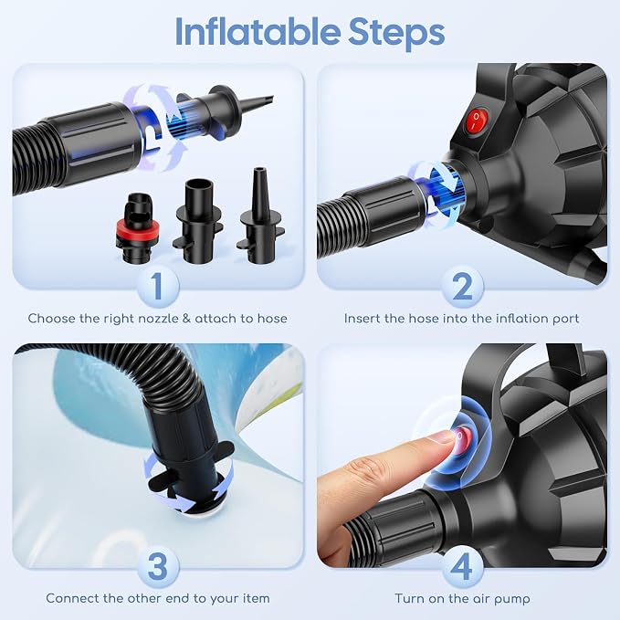 Electric Air Pump for Inflatables, Air Mattress – 500W/650W Quick-Fill Inflator/Deflator with 4 Nozzles, Portable AC 110-120V for Gymnastics Mat, Tumbling, Air Bed, Pool Floats