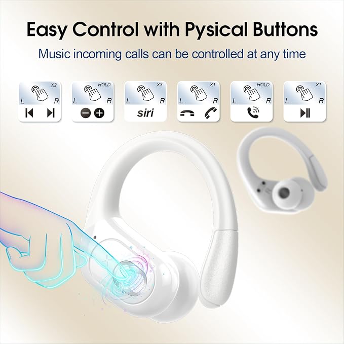 Wireless Earbuds 75hrs Bluetooth 5.4 Headphone Sport, 2026 Bluetooth Earbuds Stereo Deep Bass Over Ear Bud with Earhooks, ENC Noise Cancelling Mic, IPX7 Waterproof Earphone for Gym/Workout, White
