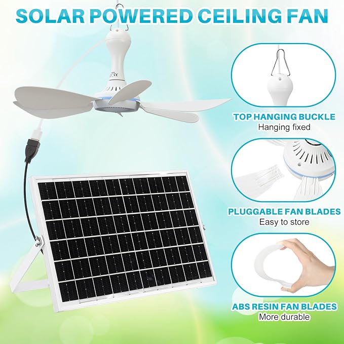 Tujoe 1 Set Solar Powered Ceiling Fan Kit for Outdoor,Portable 15W Solar Panel Powered USB Small Hanging Fan,Dual Charging Modes,for Chicken Coop, Tent,Greenhouse, Shed, Gazebo