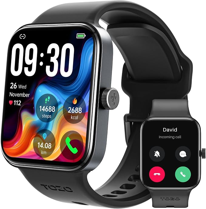 TOZO AMOLED S4 AcuFit One Smart Watch 1.78" Ultra-Clear Screen for Men Women, Call/Answer Fitness Tracker, Sleep Monitor IP68 Waterproof for iOS 11.0+ Android 9.0+ Black