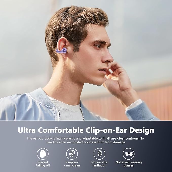 Open Ear Bone Conduction Headphones, Bluetooth Lightweight Clip On Earbuds Comfort with Digital Display Charging Case Sport Earphones Built-in Mic IPX7 Waterproof for Running Fitness Exercise, Purple