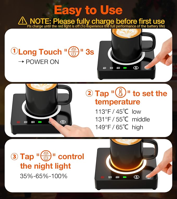 Mug Warmer Cordless 180 Min Battery Life - 10000mAh Portable Charger, Wireless Coffee Cup Warmer for Desk, 3 Temp Settings, Smart Candle Heat Plate for Home, Office, Travel, Camping & Gifts for Men