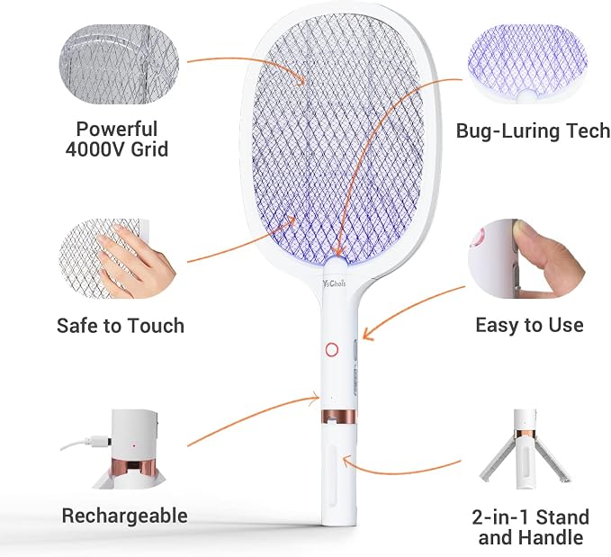 YsChois Electric Fly Swatter Racket, Rechargeable Fly Zapper - 4000 Volt, Exclusive 2-in-1 Bug Zapper Racket - USB Charging, 1800mAh Li-Battery, Indoor & Outdoor Use, White