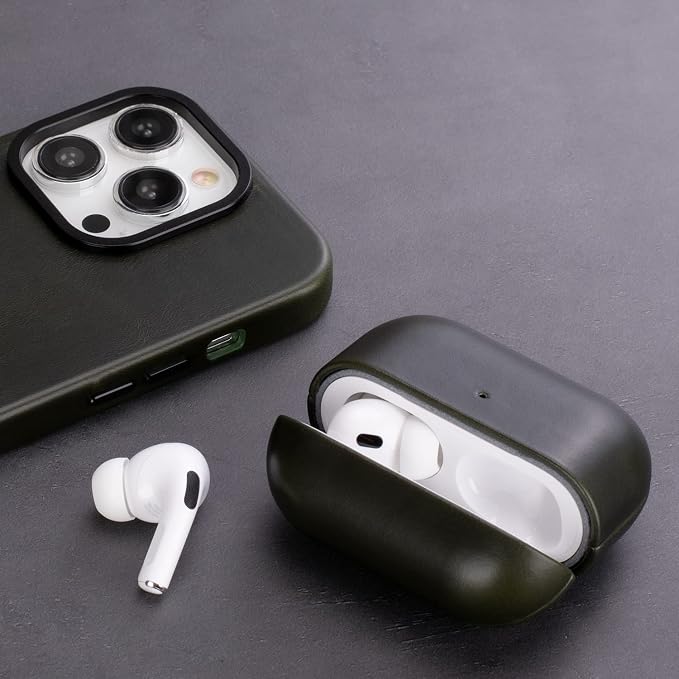 Maogoam for AirPods Pro 2 Leather Case Cover with Button, Genuine Crystal Vegetable Tanned Oil Wax Leather Case for AirPods Pro 2nd Generation 2022, Elegant Style, Front LED Visible, Dark Green