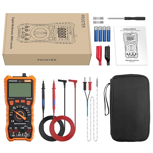 Proster Digital Multimeter - TRMS Voltmeter Multimetro Auto Range Multi Testers, 20A DC AC Current Meter NCV Detector Magnetic Hanging Hands-Free Design with Temperature Probe Backlit LCD Flashlight