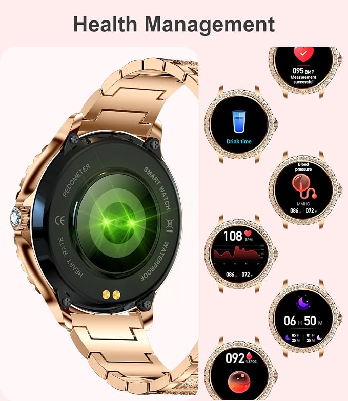 LIGE Smart Watch for Women(Answer/Make Calls),1.3"HD Diamonds Luxury Smartwatch for Android iPhone Phones,Fitness Trackers with 20+ Sport Modes/Heart Rate/IP68 Waterproof/SpO2/Sleep Monitor,Rose gold