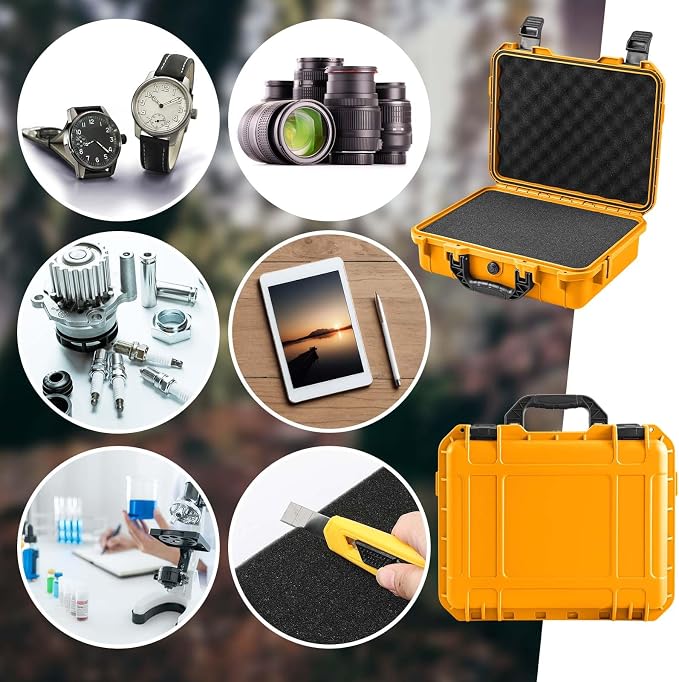 Relaxweex 1 Pcs Waterproof Hard Case with DIY Customizable Foam Insert Portable Protective Case with Knife for Camera Drones Equipments Tools Test Instruments(Yellow,11.3 x 8.7 x 4.2 Inch)
