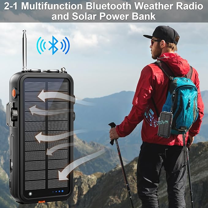 Emergency Radio&22000mAh Solar Power Bank, FM NOAA Weather Radio, Portable Hand Crank Bluetooth Radio, 20W Fast Charge Wireless Phone Charger, SOS Flashlight for Emergency/Home (Orange)