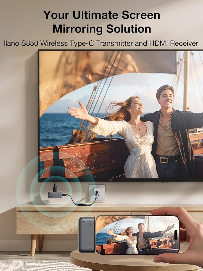 llano S850 Upgraded Type-C Wireless HDMI Transmitter and Receiver,Ultra 4K Decode Input 1080P@60Hz Output, Plug&Play 5G+2.4G and Audio for Phone/Tablet/Laptop/PC to Monitor/Projector/TV Box (Black)