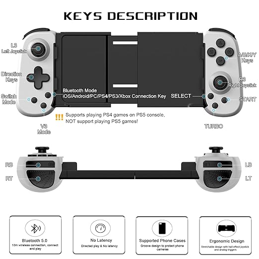 arVin Mobile Game Controller for iPhone/iPad/Android/Samsung/Tablet/PC/Switch/PS3/PS4, Wireless Gamepad Joystick with Turbo/6-axis Gyro/Vibration, Play Xbox Cloud Gaming/PS Remote Play/Steam Link