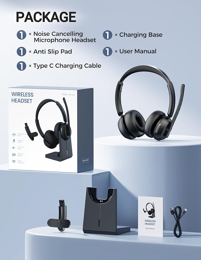 COSMUSIS Wireless Headset with Mic for Work, Bluetooth 5.3 Headsets with Microphone and Detachable Earpads, 50H Playtime with Charging Base, Noise Cancelling Headphones for Work with Mic Mute