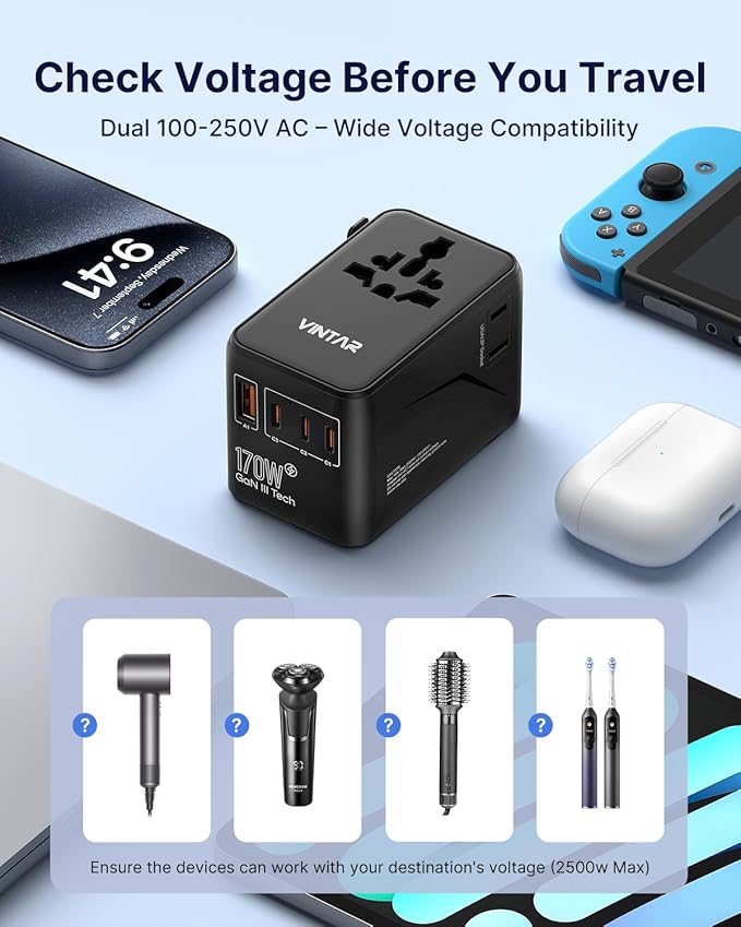 VINTAR 170W GaN Universal Travel Adapter, 6-in-1 International Power Adapter with 2AC, 3 USB-C PD & 1 USB-A QC, All-in-One Charger Compatible with EU/UK/US/AU for Laptops, Tablets, Phones, Cameras