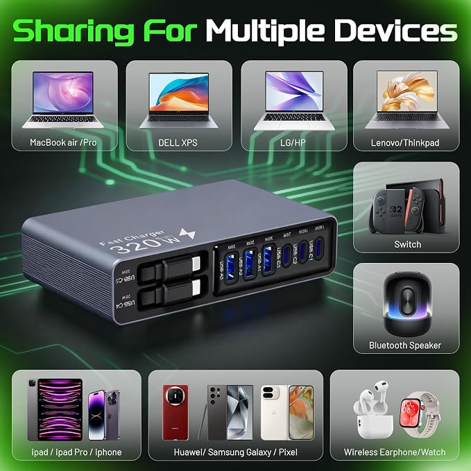 X-Star 320W 8-Port Retractable USB C Charger Block Charging Station,Upgraded GaN3.0 PD 100W Desktop Laptop Chargers,Fast Multiple USB Charging Hub for MacBook Pro/Air,iPad,Galaxy, iPhone17/16/15 etc