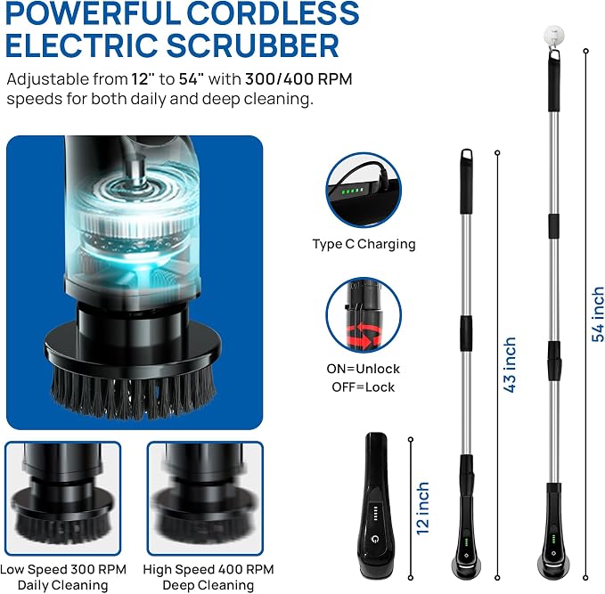 2025 Upgraded Electric Spin Scrubber ā Shower Scrubber with Long Handle, Cordless Electric Cleaning Brush, 400 RPM Dual-Speed, IPX5 Waterproof, 90-Min Runtime, 8 Brush Heads for Powerful Cleaning