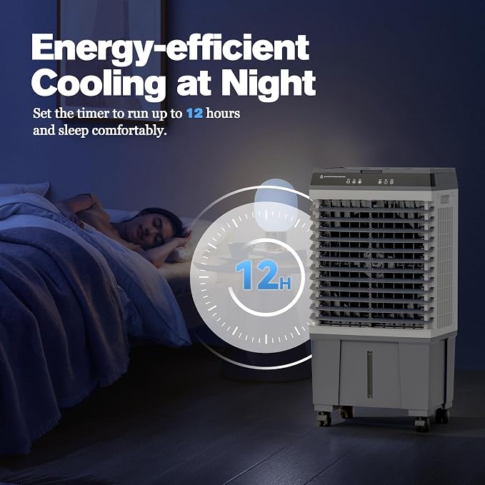 Swamp Cooler Air Conditioner, Portable Evaporative Cooler 5 Gal Water Tank | 1700 CFM, 120° Oscillation, 3 Speeds&Modes,12H Timer, Remote&Touch, for Garage, Large Room, Dry Climate