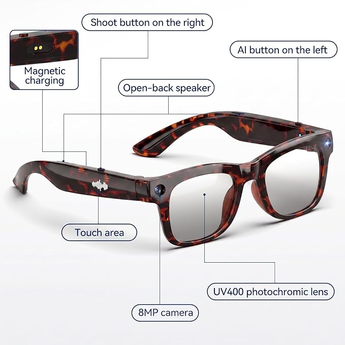 AI Smart Glasses with HD Camera, BT Call, 8MP Anti-Shake Camera Glasses with 1080P Video Recording Dual Mic, Simultaneous Interpretation/GPT Identify Objects, Photochromic Lens Leopard Print