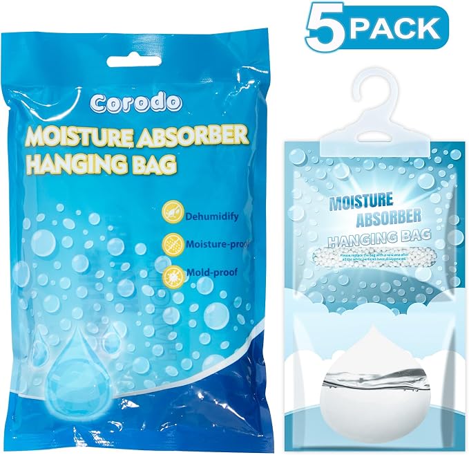 Moisture Absorbers 5 Pack - Fragrance Free Humidity Absorber High-Efficiency Dehumidifier Bags Portable Moisture Hanging Bags for Closet, Bathroom and Kitchen