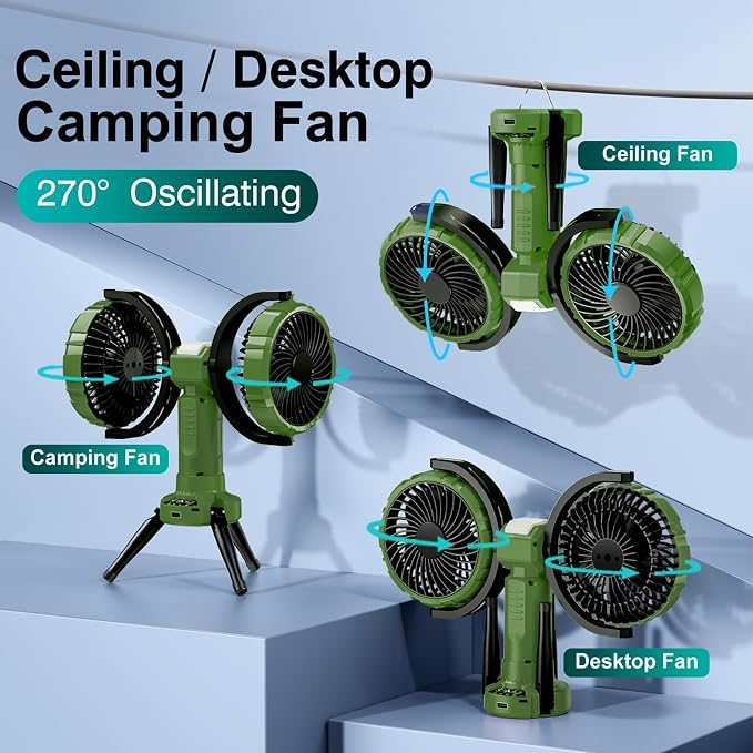 10000mAh Outdoor Camping Fan, Oscillating Battery Operated Tent Fan with LED Lantern, Dual Head Rechargeable Tent Ceiling Fan with Tripod & Hanging Hook - Green