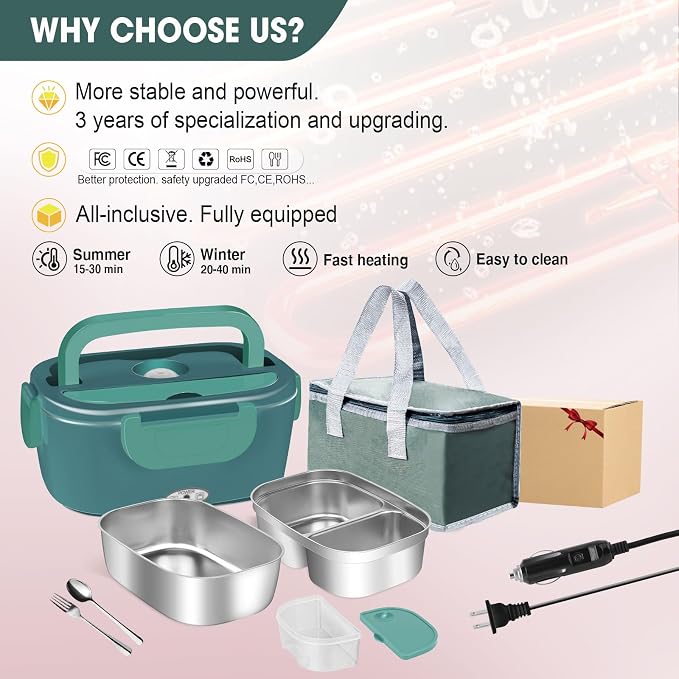 LAVAED Food Heater Electric Lunch Box for Adults 80W Fast Heating 2 in 1 Portable Heated Lunchbox Warmer for Car/Truck/Office/Outdoor, BPA Free