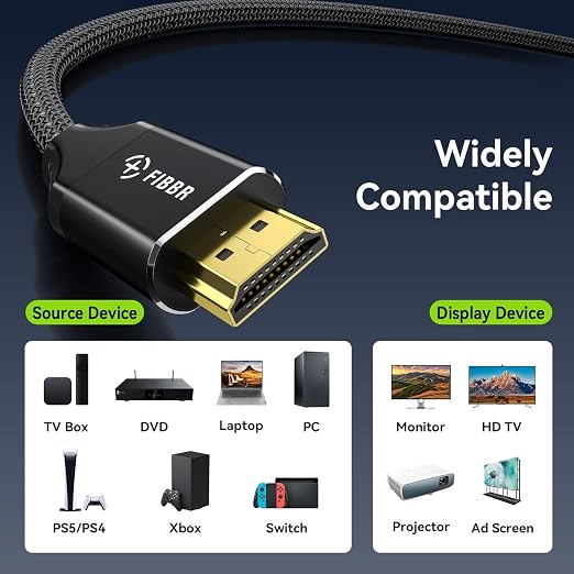 FIBBR 8K HDMI 2.1 Cable 6ft/2m, 48Gbps High Speed HDMI Cord, Support 8K@60Hz 4K@120Hz 2K@240Hz eARC 3D Dynamic HDR 12Bit for PS4/PS5 Laptop Xbox Series Standard HDMI Port